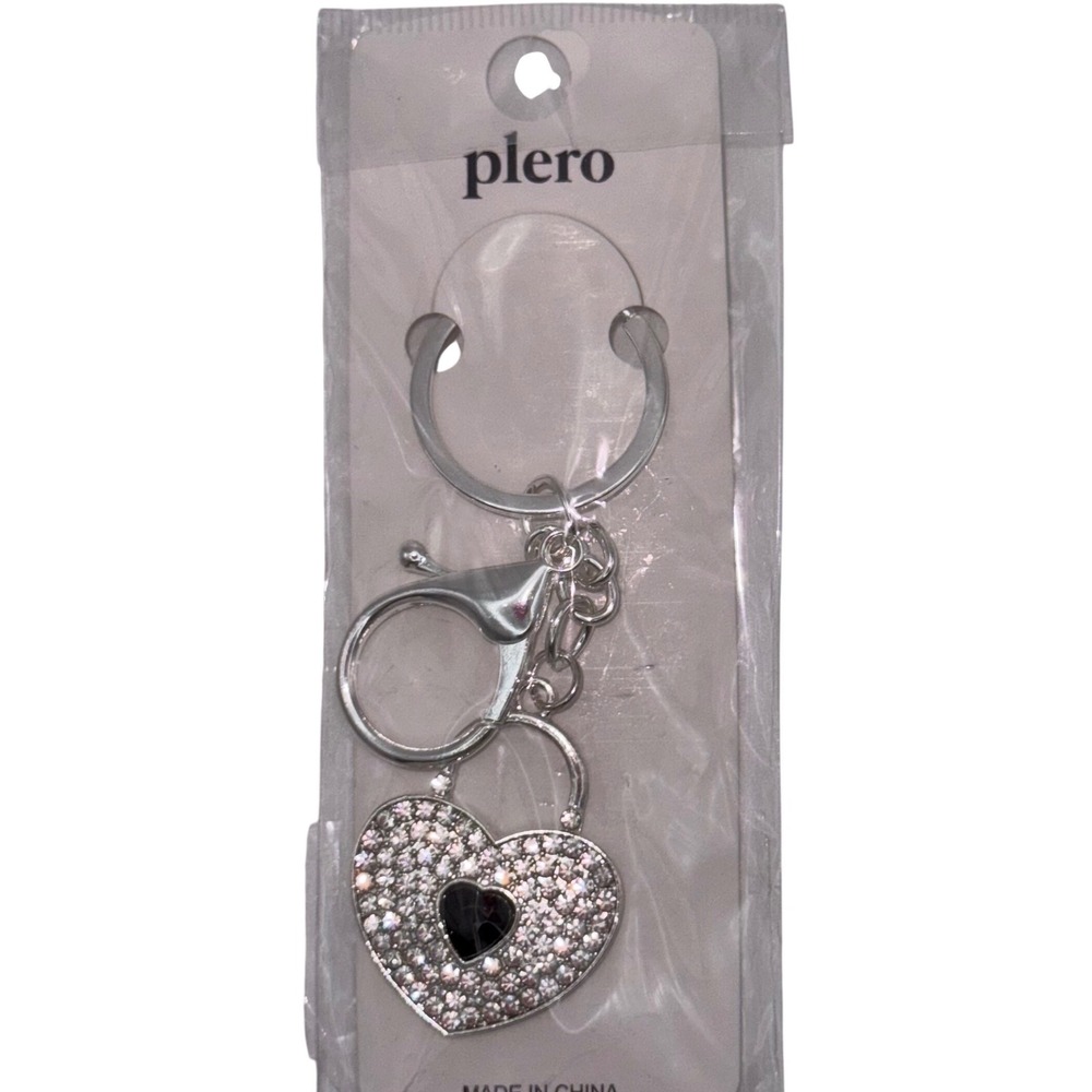 Plero Heart Rhinestone‎ Keychain Black Accent Silver Tone Lobster Clasp